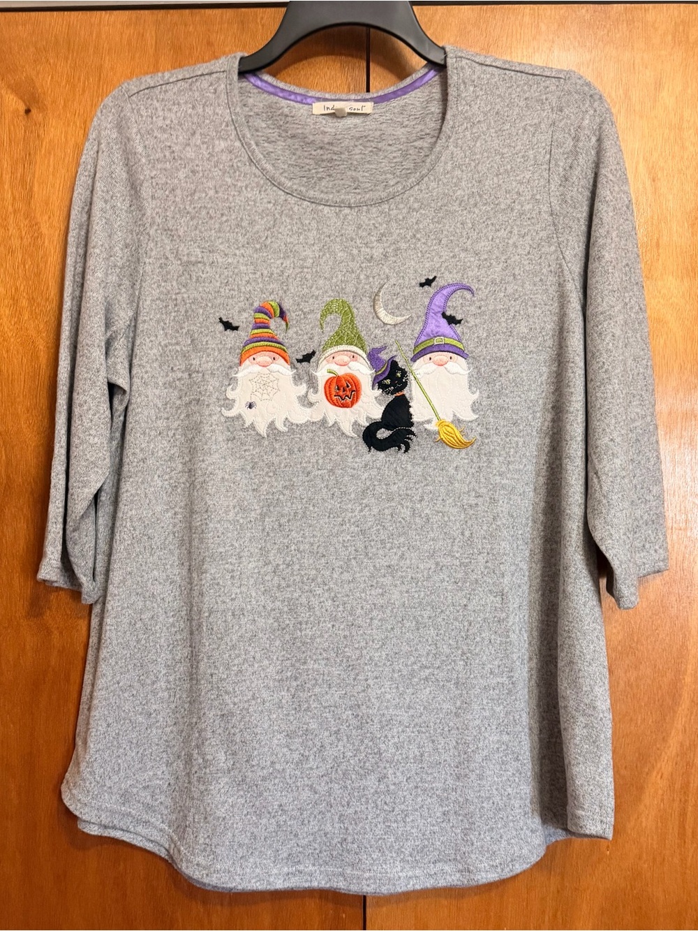 Indigo Soul Gray Women's 3/4 Sleeve Top with Halloween Gnome Embroidery.